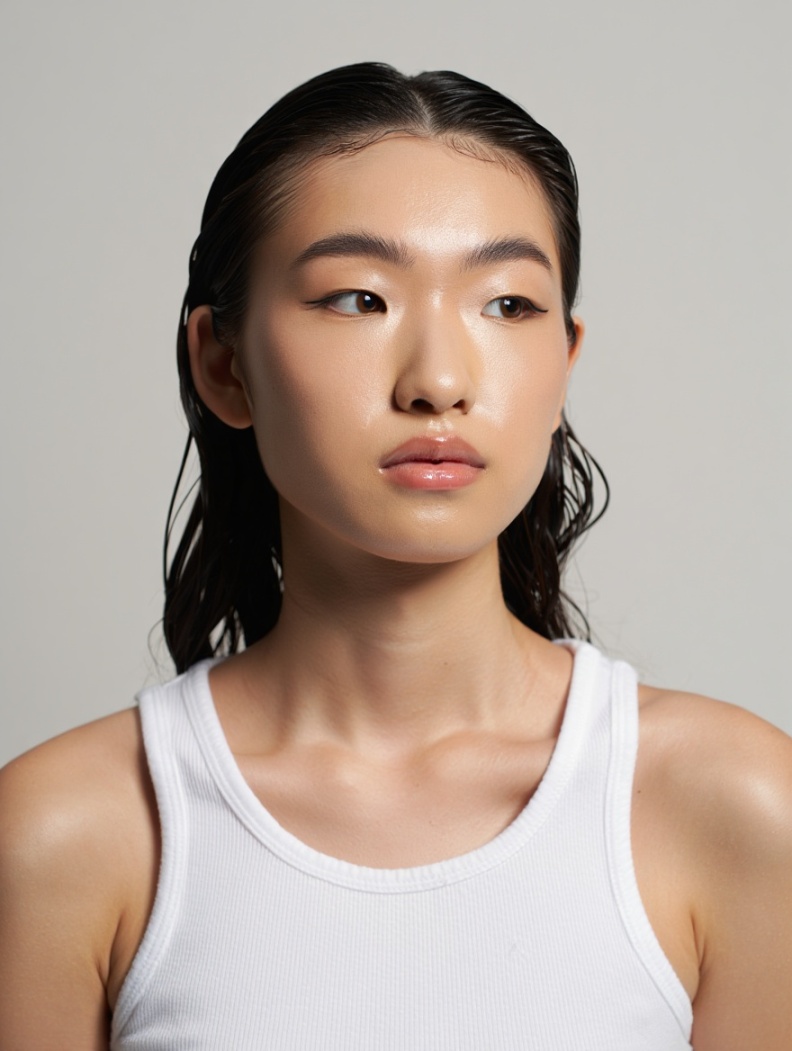 Face reference — model with slicked-back hair, editorial look