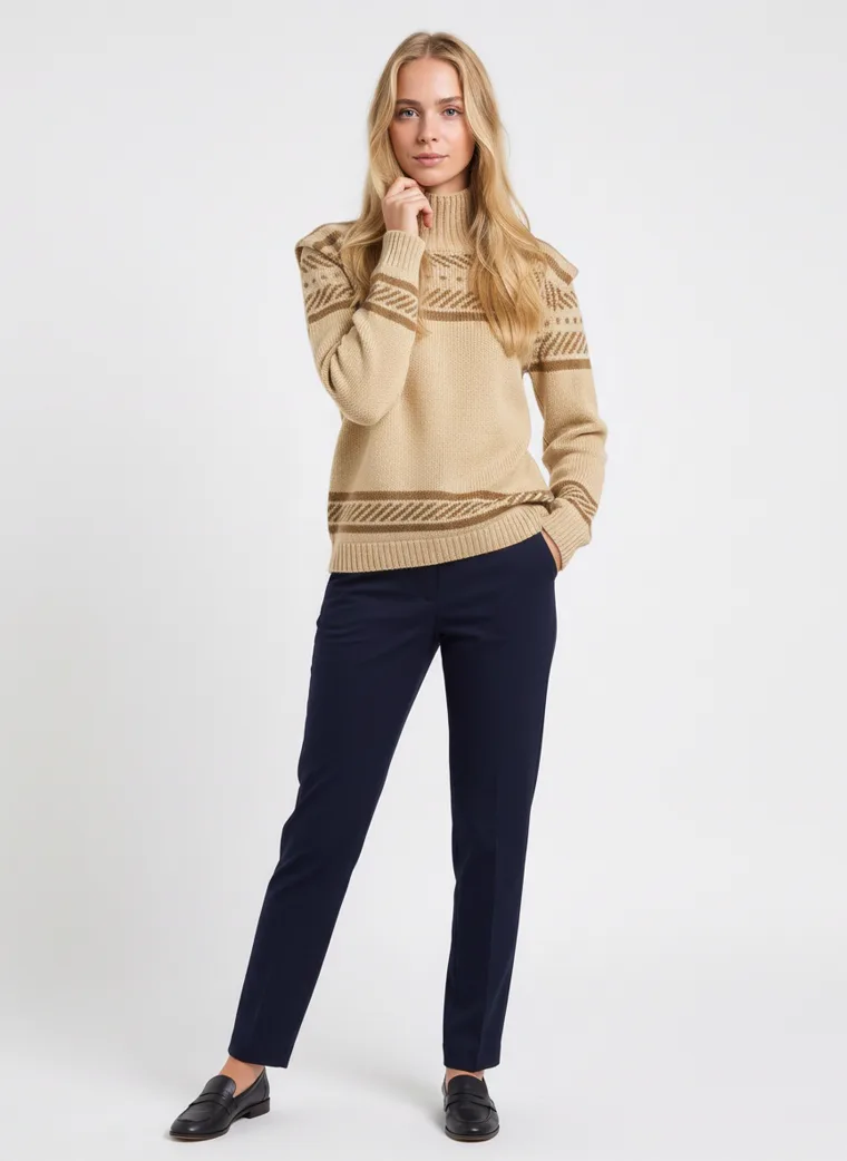 A beige mock-neck knit with brown Fair Isle jacquard bands across the yoke and hem, worn with navy trousers. Fair Isle Mock-Neck Knit in beige, three-quarter, full length