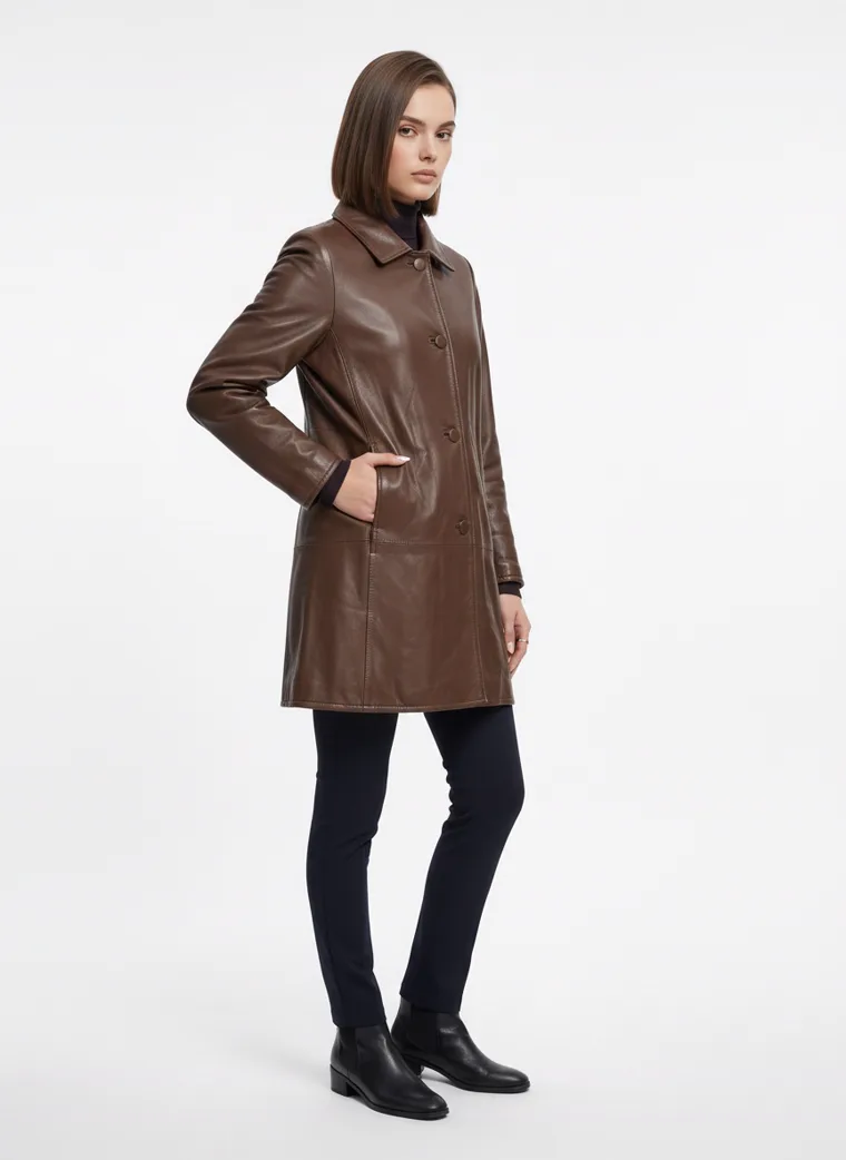A model walking in a brown leather car coat with a point collar and button front, the coat moving with her stride, worn with black trousers and boots