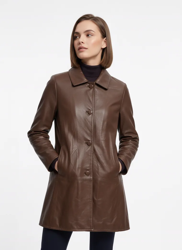 A brown leather car coat with a point collar, button front and quilted lining, worn with a black roll neck and black trousers. Leather Car Coat in brown, front, hands in pockets