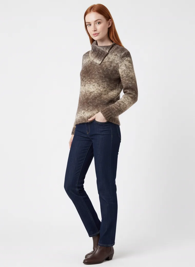 A space-dyed brown and cream marled knit sweater with a fold-over funnel neck, worn with dark straight jeans. Marled Funnel-Neck Knit in brown marl, three-quarter, hand in pocket
