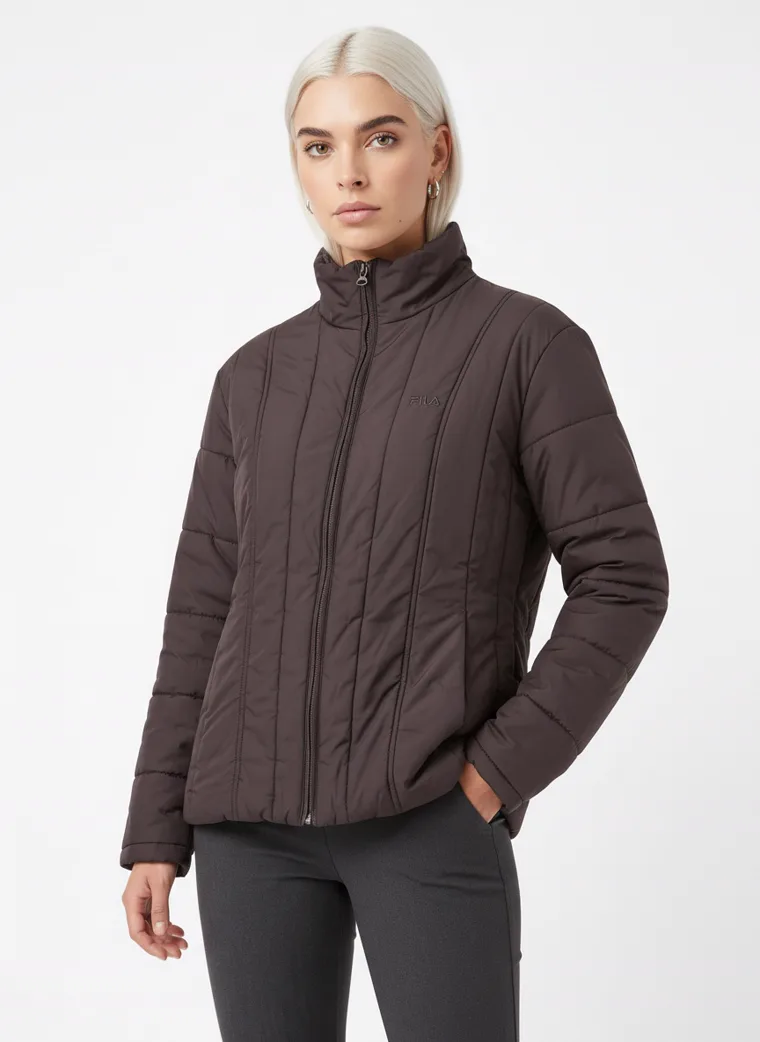 A dark brown channel-quilted puffer jacket with a stand collar and zip front, worn with grey trousers. Channel-Quilted Puffer in dark brown, waist-up three-quarter