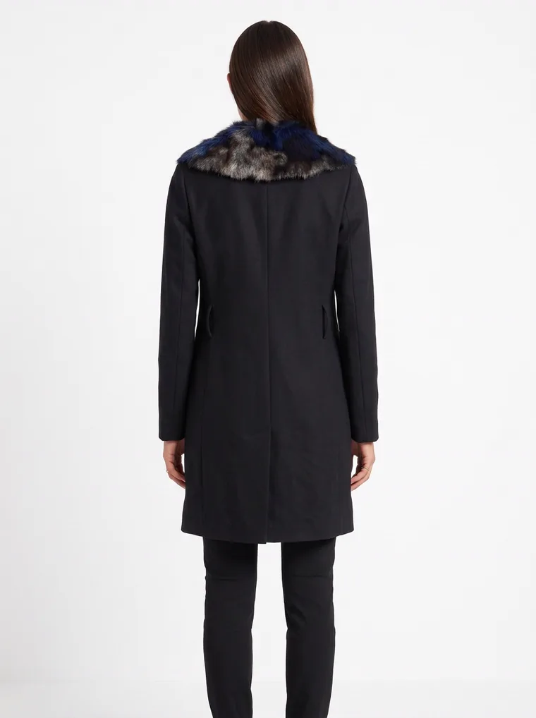 The back of a black wool coat with a dark faux-fur collar, showing the collar sitting round the neck and the line of the back seam