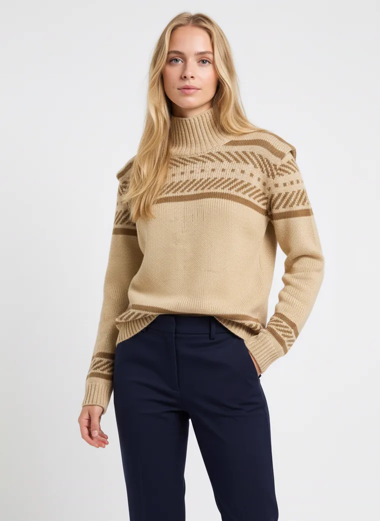 A model in a beige Fair Isle mock-neck knit, waist-up with hands in her pockets, close enough to read the jacquard bands and the stitch