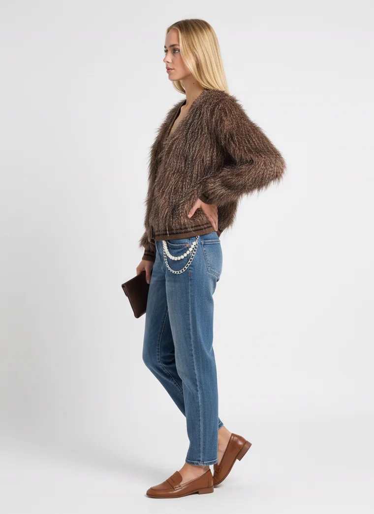 A model walking in a shaggy brown faux-fur jacket and jeans, the pile moving with her stride