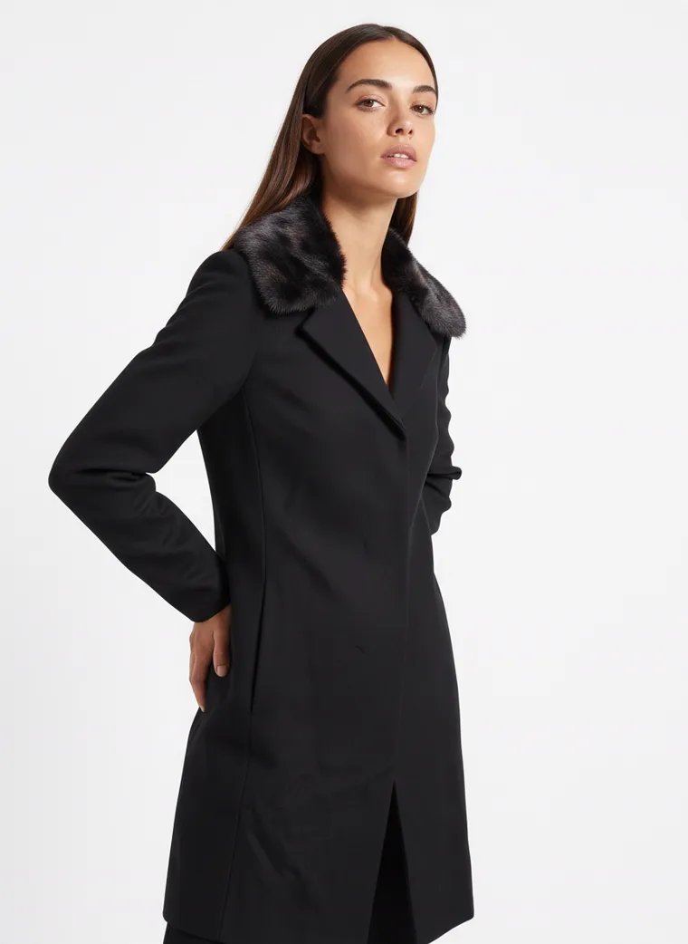 A black single-breasted wool coat with a dark faux-fur collar, worn with black trousers and black boots. Wool Coat with Faux-Fur Collar in black, three-quarter