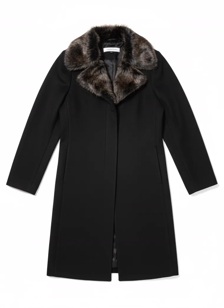 A black single-breasted wool coat with a dark faux-fur collar, worn with black trousers and black boots. Wool Coat with Faux-Fur Collar in black, laid flat