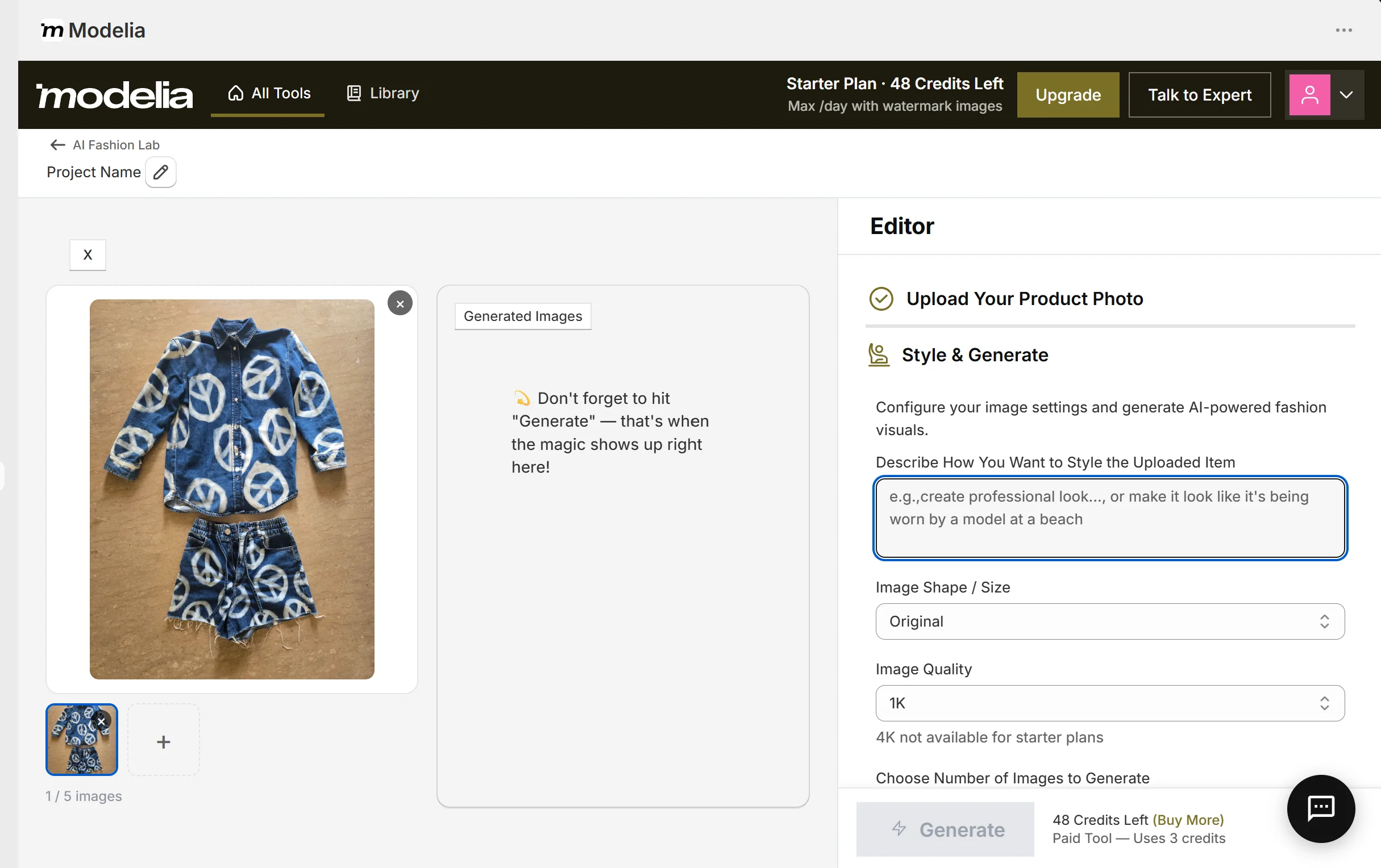 Modelia AI Fashion Lab editor — prompt box "Describe How You Want to Style the Uploaded Item", Image Shape/Size set to Original, Image Quality 1K with the note "4K not available for starter plans", and "Paid Tool — Uses 3 credits"