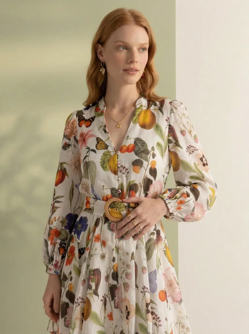 MODA AI portrait catalog output from the Modelia head-to-head — floral dress side detail on one referenced model