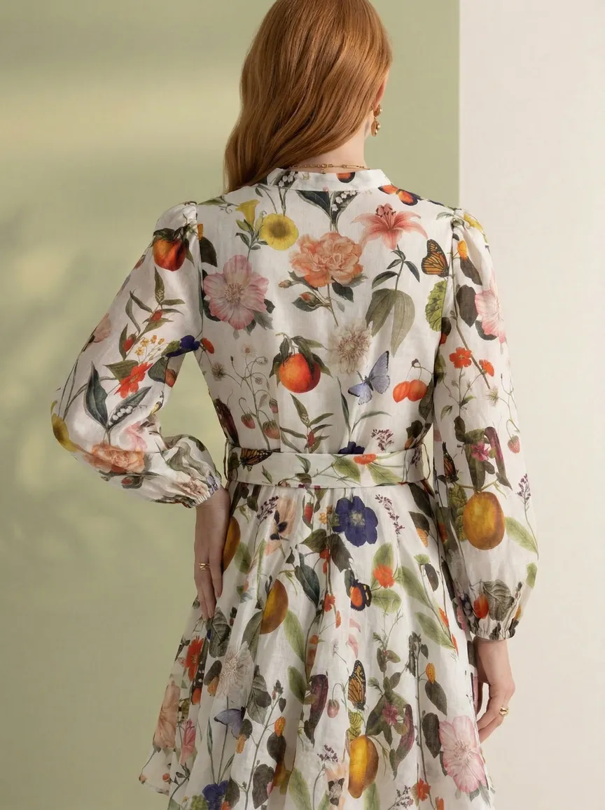 MODA AI output 4 of the 10-shot set on the floral dress — front, side, detail, and back angles held on one model