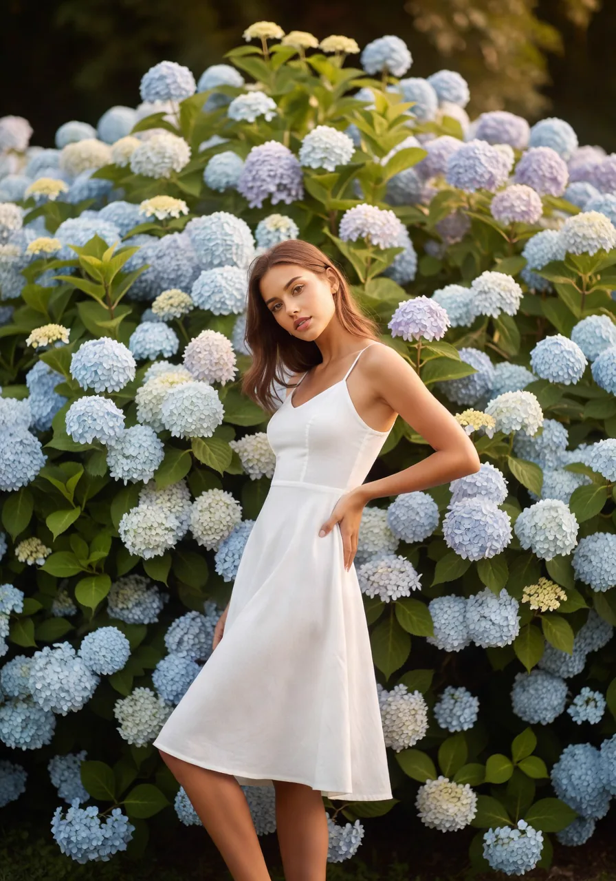 MODA reference library — Hydrangea wall, botanical. A model look and background scene merchants can use as reference inputs for their own catalog set.