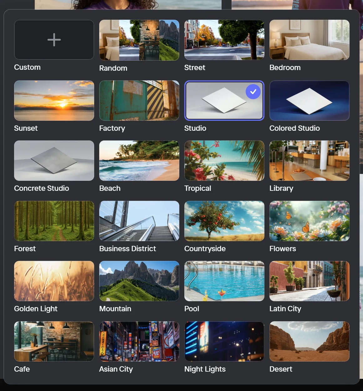 PhotoRoom UI screenshot — preset background picker showing 24 fixed categories