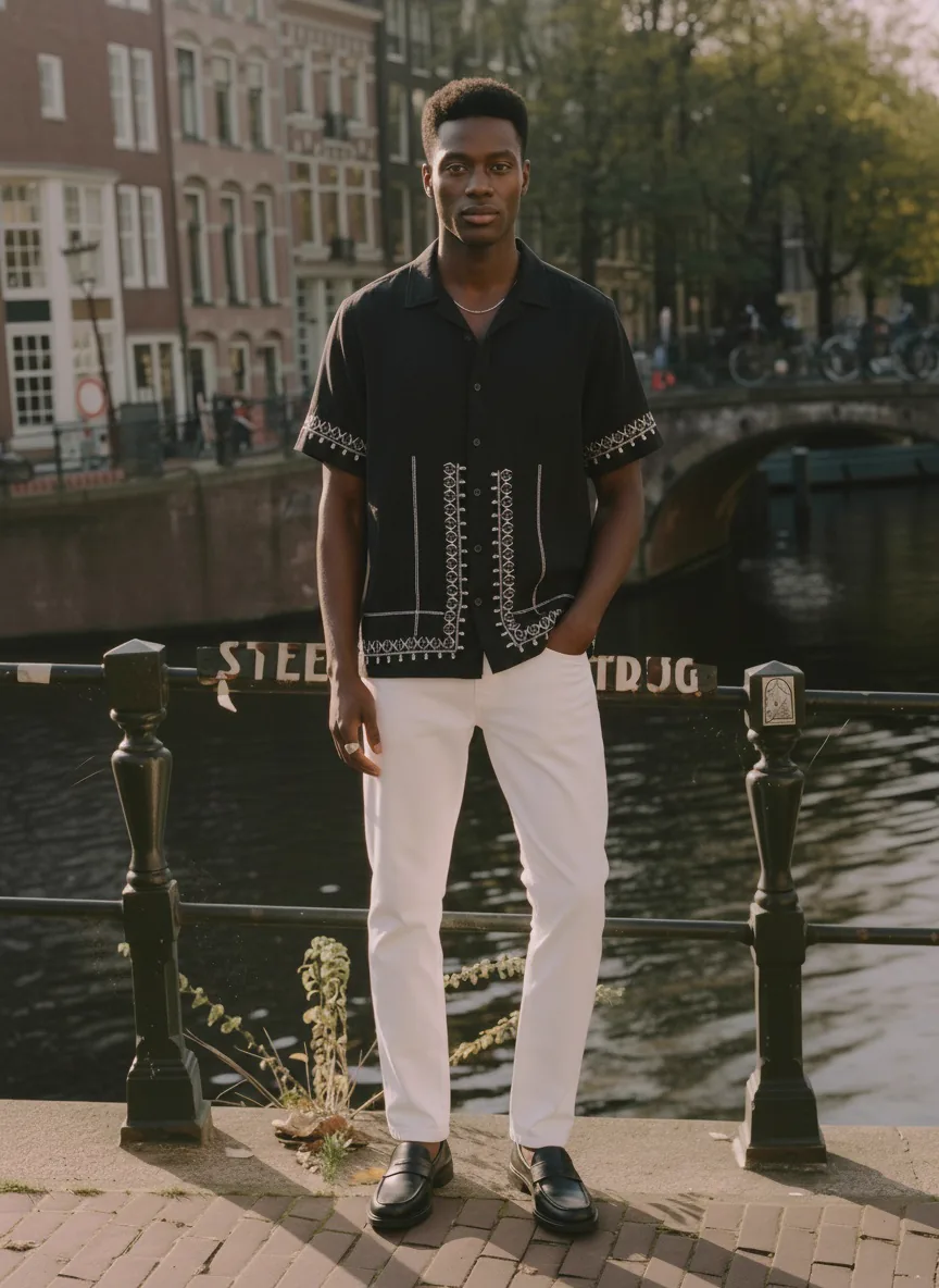 MODA AI output shot 2 of 10 from the same one-credit generation on the black embroidered shirt — brand model matching uploaded face reference, Amsterdam canal scene matching uploaded background reference