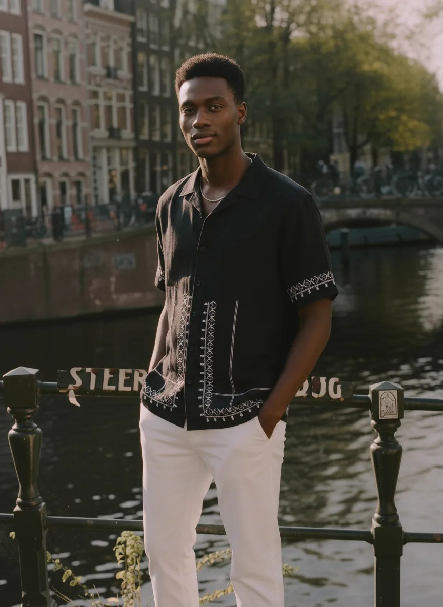 MODA AI output shot 3 of 10 from the same one-credit generation on the black embroidered shirt — brand model matching uploaded face reference, Amsterdam canal scene matching uploaded background reference