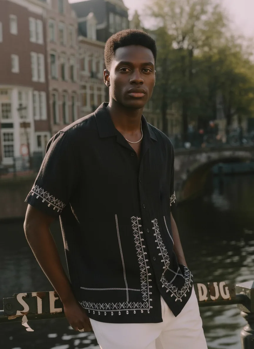 MODA AI output shot 7 of 10 from the same one-credit generation on the black embroidered shirt — brand model matching uploaded face reference, Amsterdam canal scene matching uploaded background reference